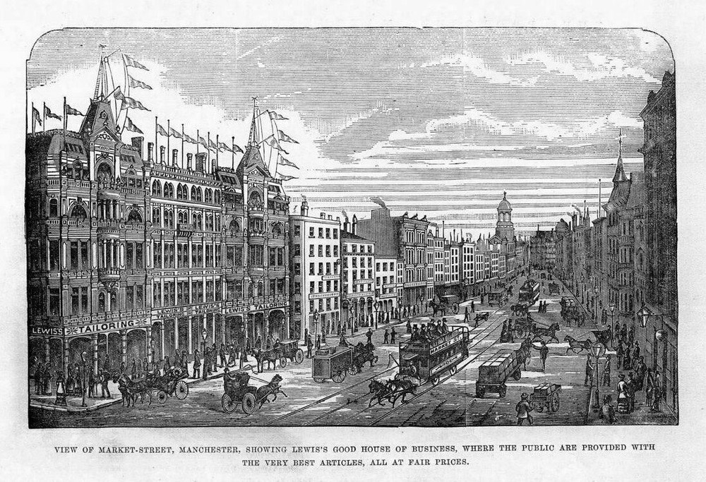MARKET STREET MANCHESTER, LEWIS'S GOOD HOUSE OF BUSINESS FAIR PRICES, STREET CAR