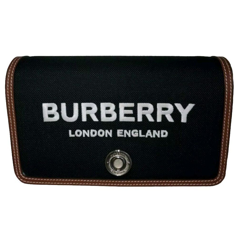 Burberry London England Canvas Crossbody Bag Black with Brown Leather Trim