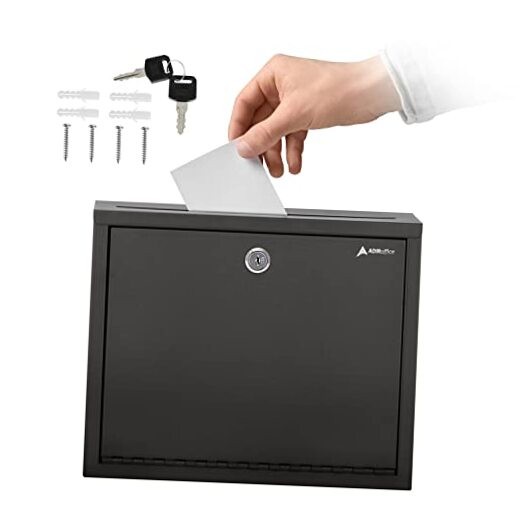 Adir Metal Suggestion Box with Lock and Slot, Wall Mount Deposit Box for Black