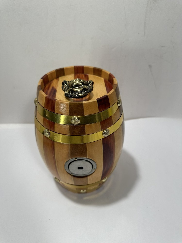 Wooden Whiskey Barrel Money Piggy Bank Coin With Lion Handles Beautiful 7.5”