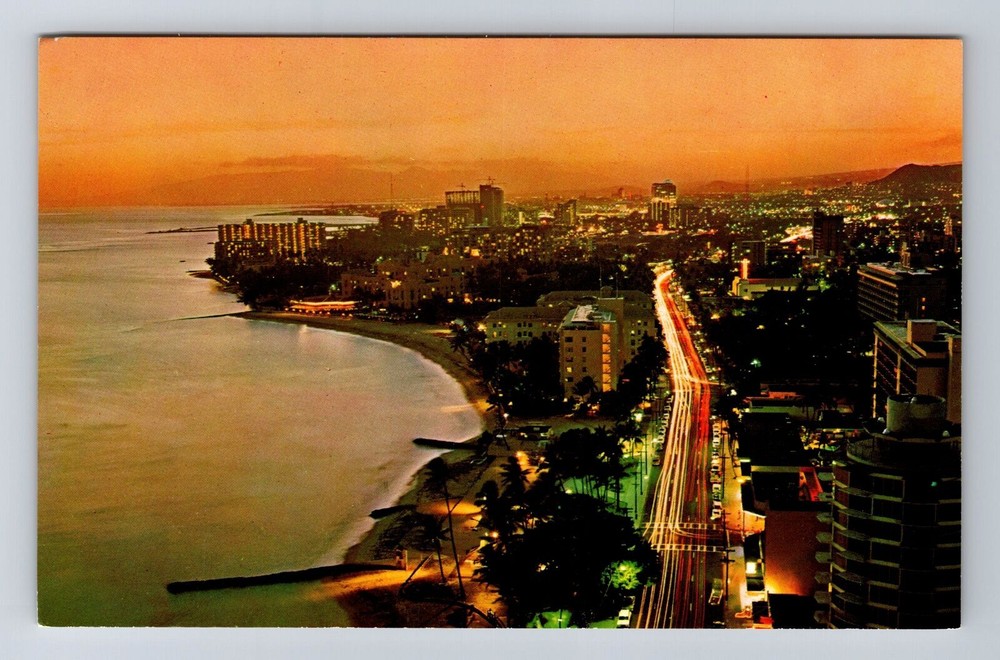 Waikiki HI-Hawaii, Aerial Evening Of Kalakaua Avenue, Antique, Vintage Postcard