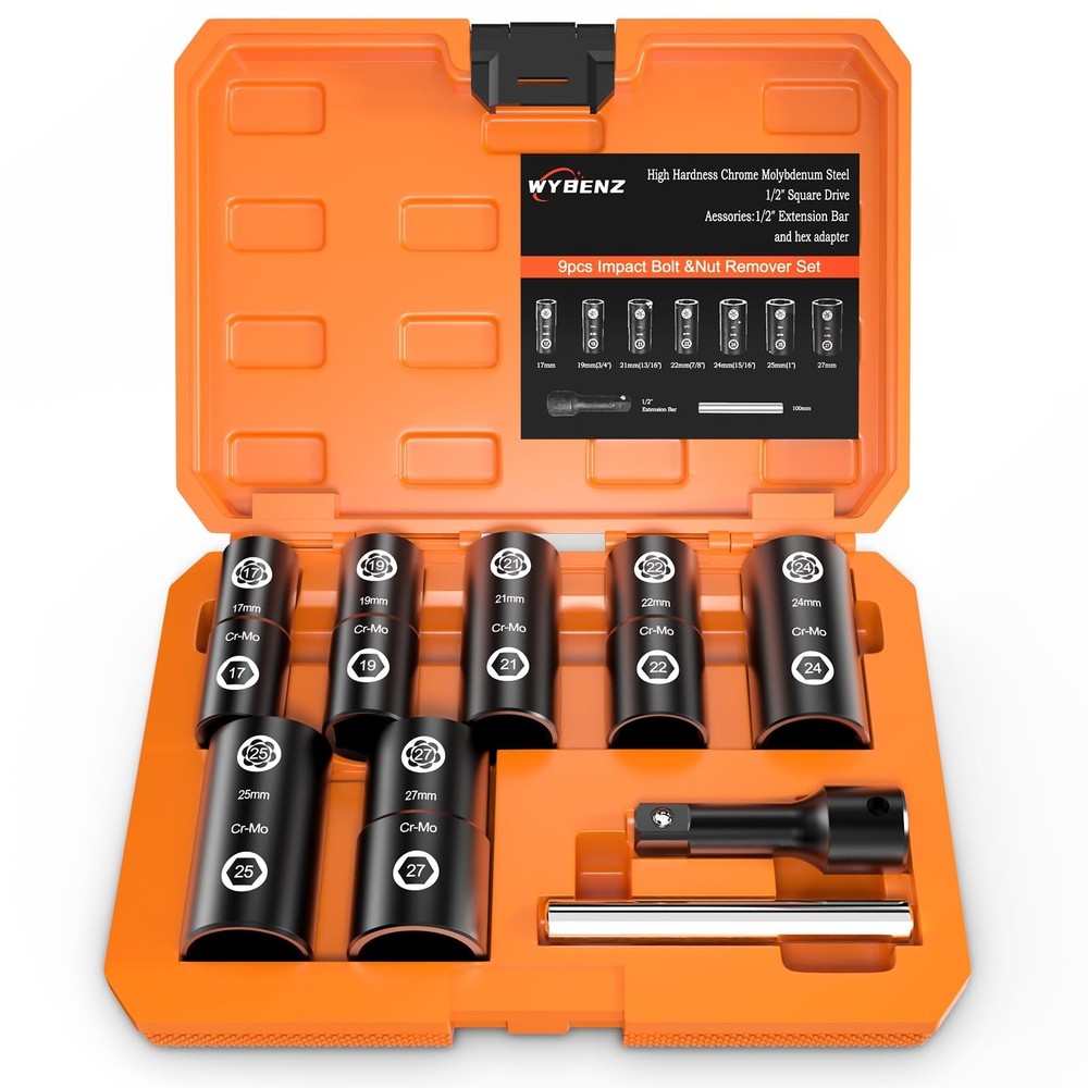 2-IN-1 Flip Lug Nut Extractor Set, 9Pcs Lug Nut Removal Tool, Wheel Lock Remo...