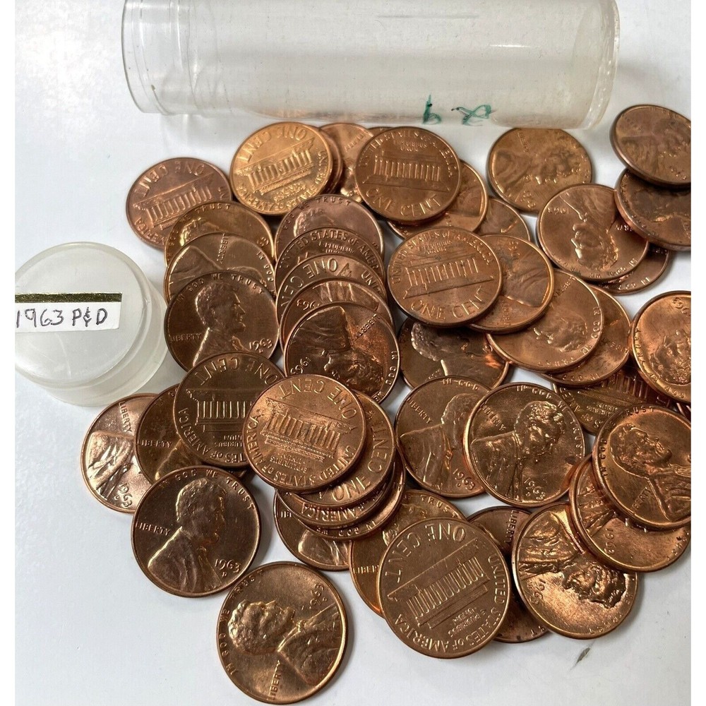 1963-D Lincoln Memorial Penny Coin Lot of 48 in Bank Roll Tube-image