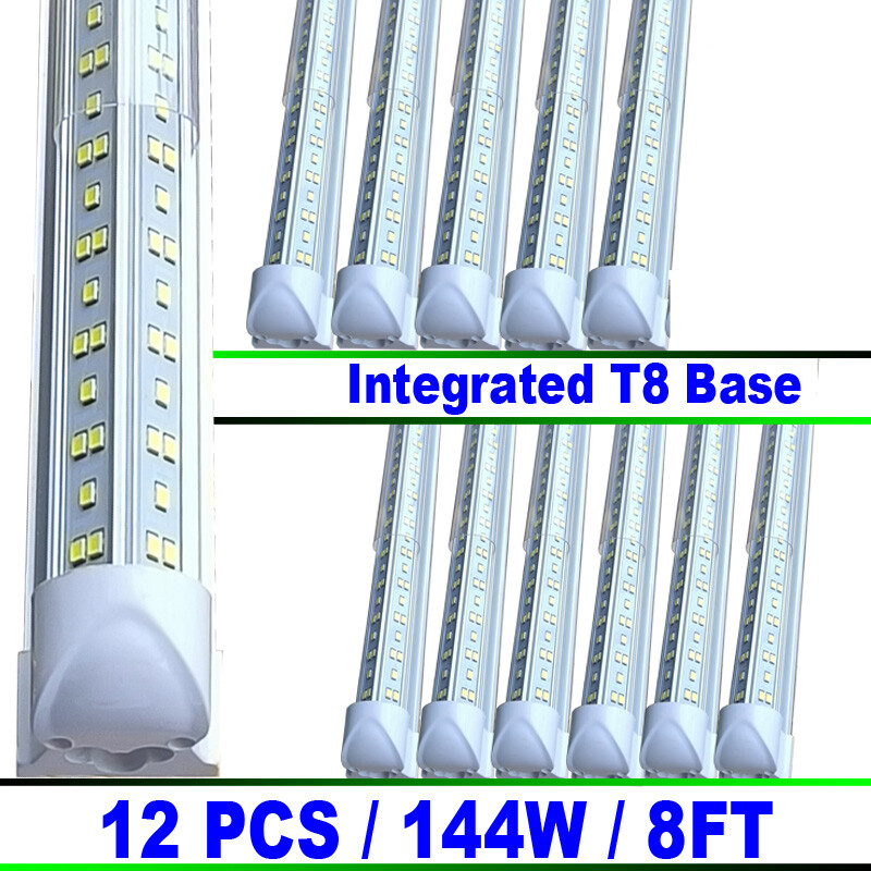 8ft 144W LED Shop Light Strip 12-Pack 6500K Cool White Commercial Tube Lighting