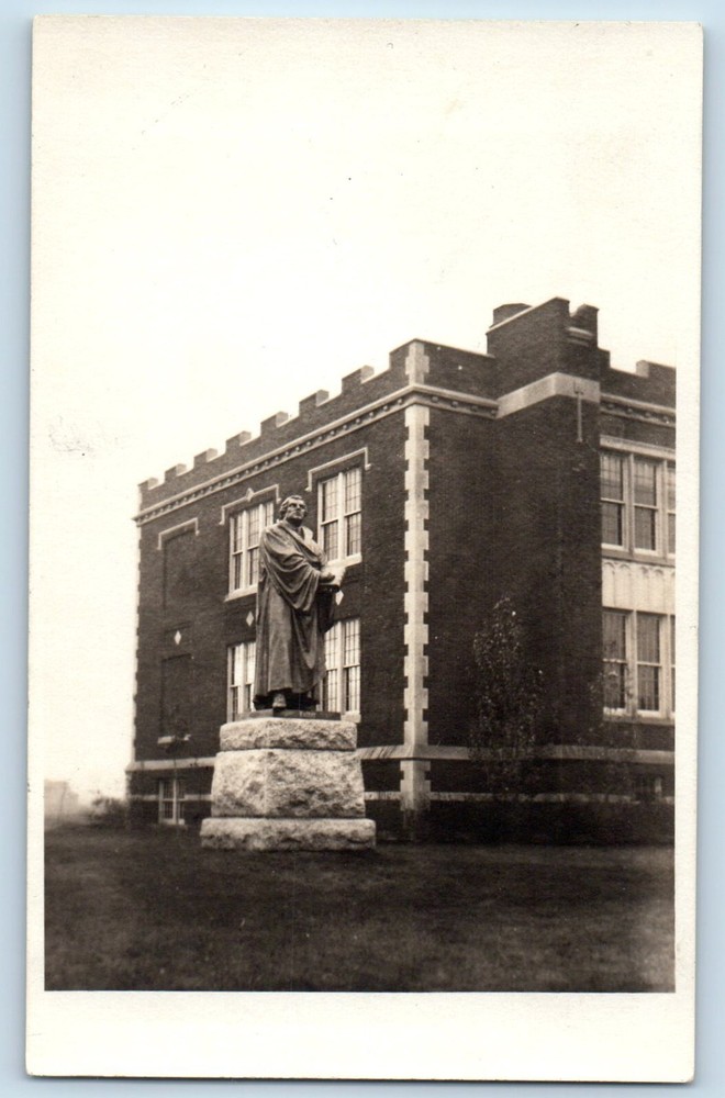 Luther Statue Postcard RPPC Photo Cadillac Memorial Gardens Building c1910's
