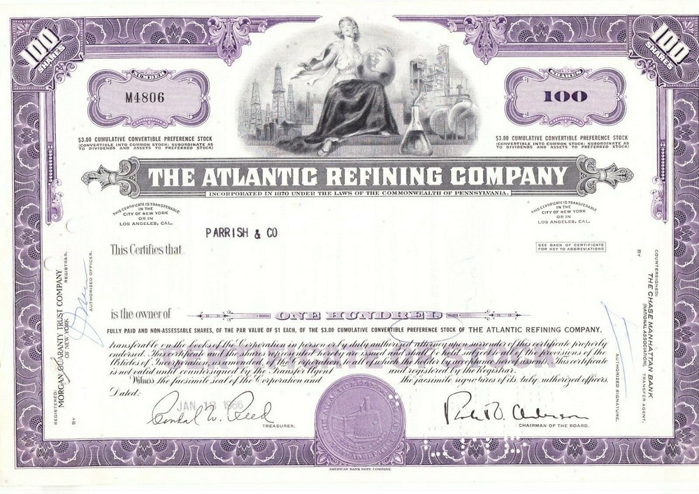 Atlantic refining company 1966 oil purple seal Antique Stock Certificate s1