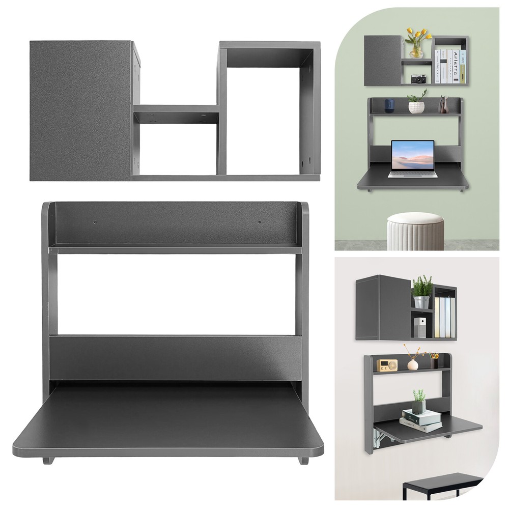 Folding Space Saving Wall Mounted Bookshelf, Fold Down Laptop Desk Workstation