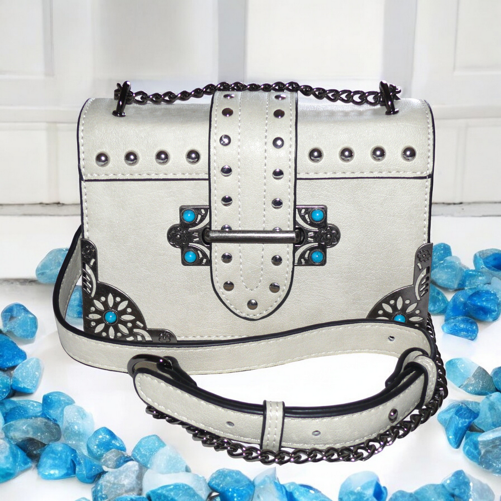 Venus Off White Silver Crossbody Bag with Faux Turquoise Studs