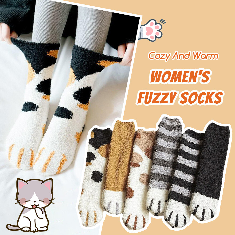 6 PAIRS WOMEN'S FUZZY WINTER FLUFFY COZY WARM CUTE CAT PATTERN PAW SOCKS SET