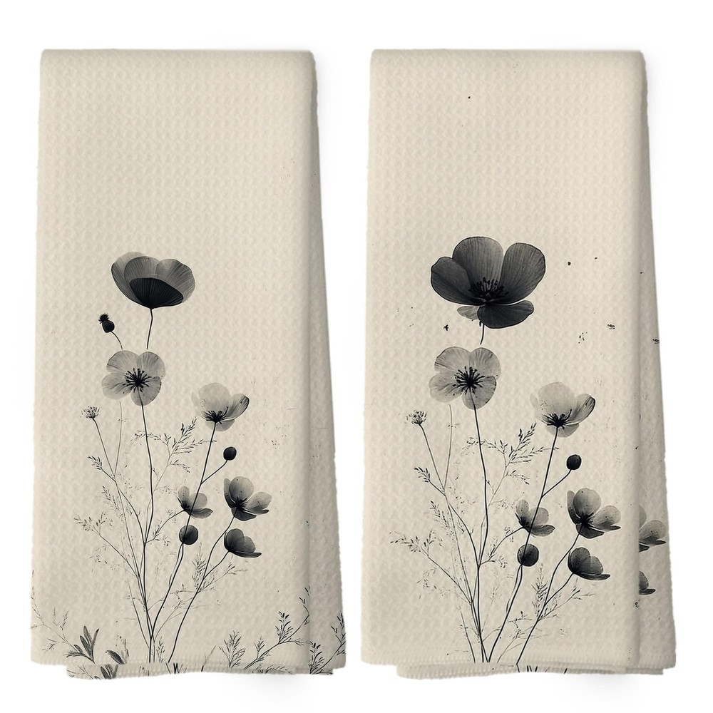 Vintage Black Floral Botanical Kitchen Towels Set of 2, Cottagecore Neutral W...
