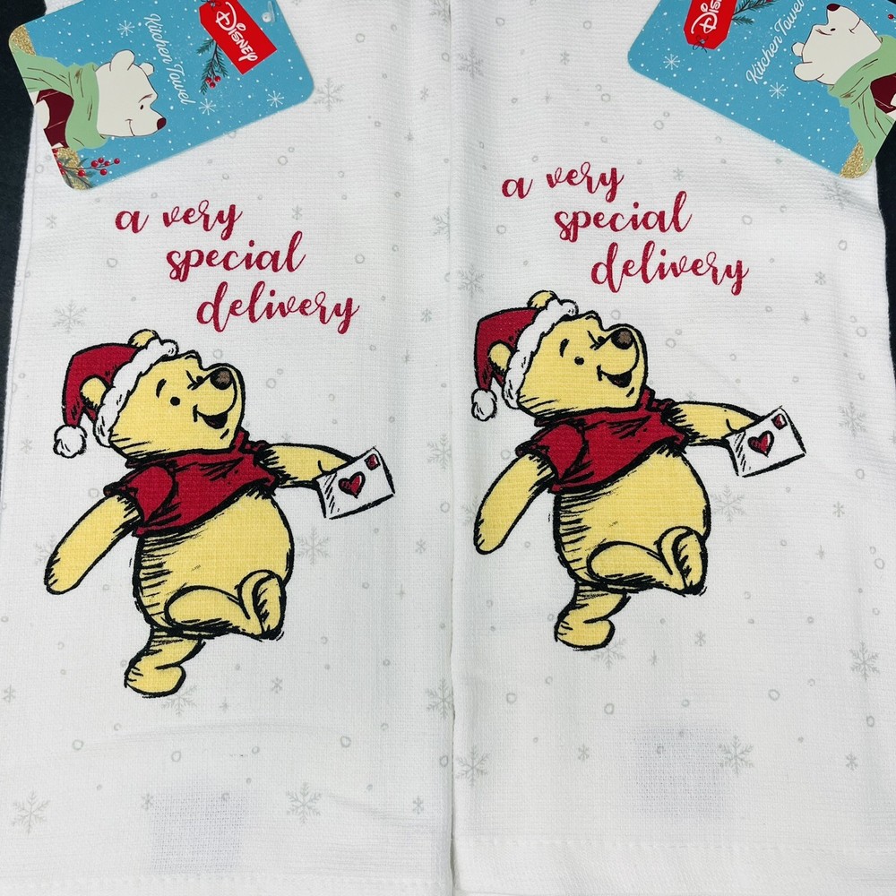 Disney Winnie Pooh Set Of 2 Kitchen Hand Towels Christmas Very Special Delivery