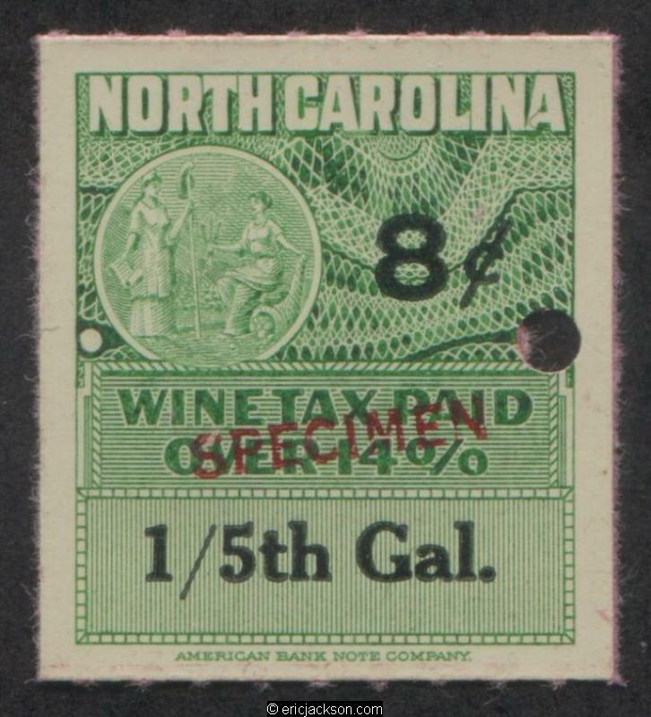 NORTH CAROLINA Wine Revenue NC W39S red SPECIMEN ovpt., security punch, VF