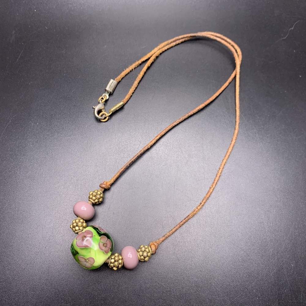 Green Floral Art Glass Bead Necklace with Purple Flower on Gold Tone Boho Brown Cord-image