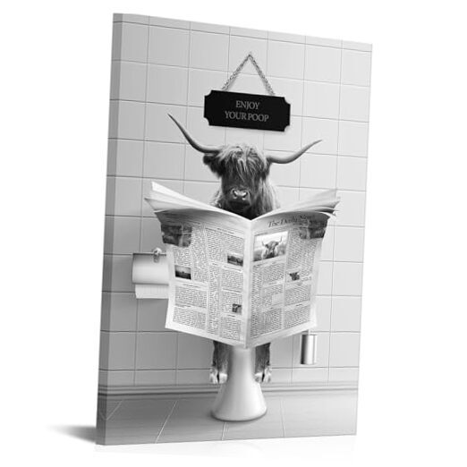 Funny Black and White Highland Cow Sitting on Toilet Canvas Wall Art  