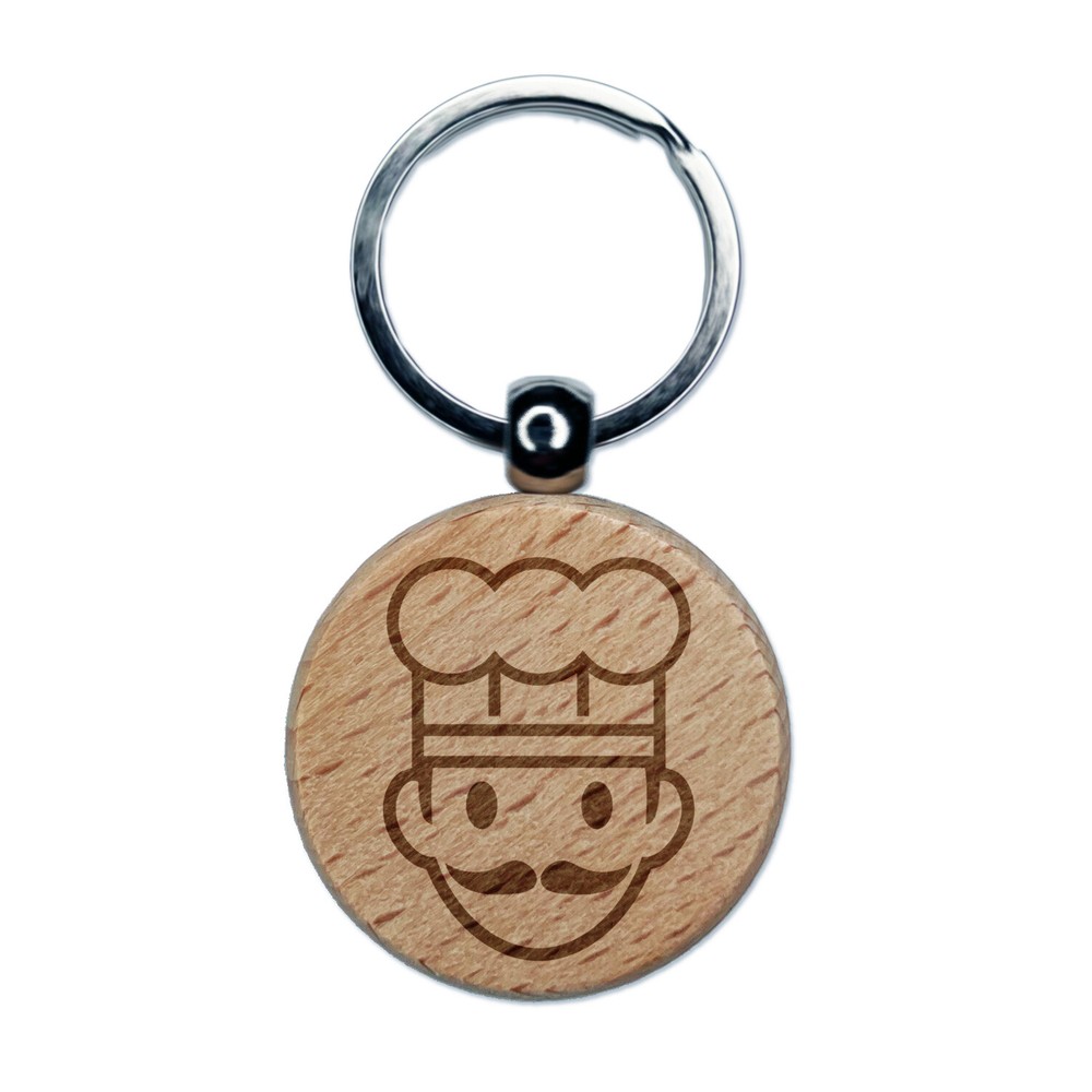 Chef Cook Man Icon Engraved Wooden Round Keychain Charm Tag  