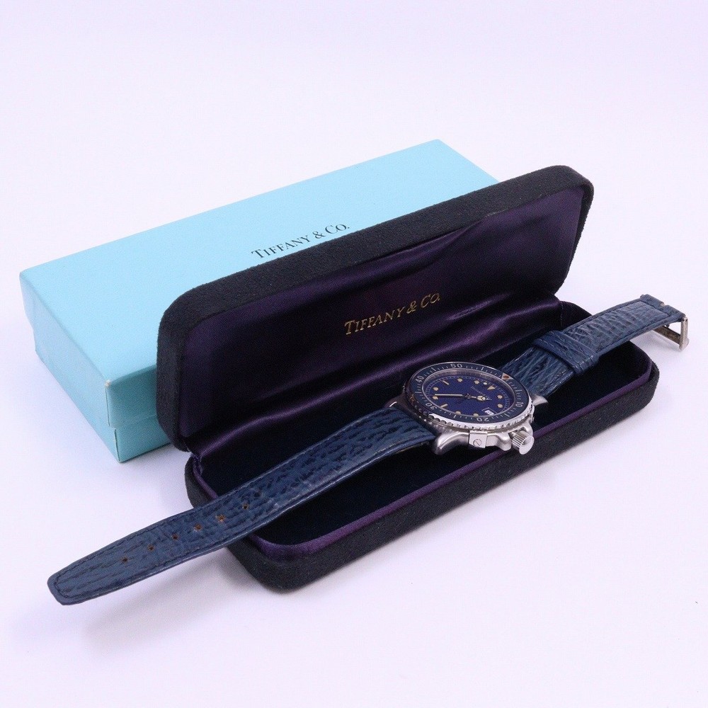 Tiffany Diver Genuine Leather Strap M0710 Quartz SS Navy Dial 38mm A Rank Used