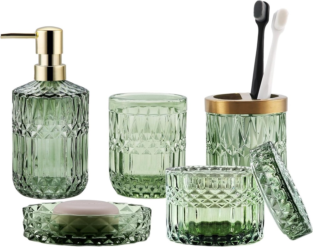 5-Piece Clear Glass Green Bathroom Soap Dispenser Set-image