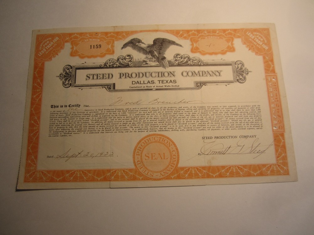 1922 - STEED PRODUCTION COMPANY - OIL Stock Certificate - DALLAS TEXAS