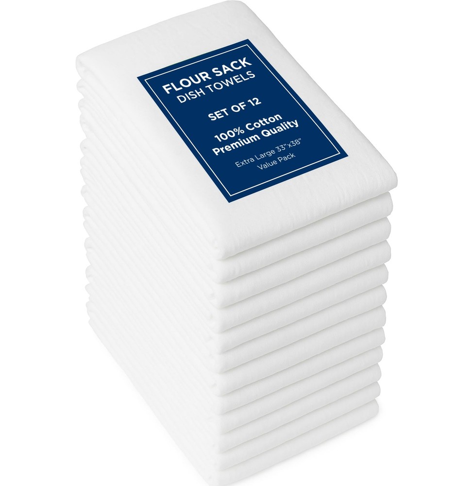 Flour Sack Towels – 12 Pack 33x38 Inch White Kitchen Dish Towels – 100% Cotto...