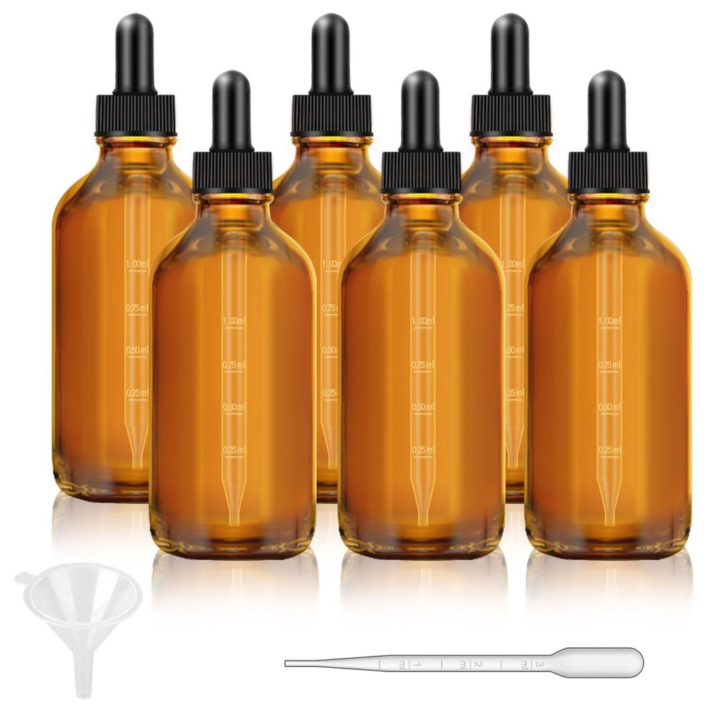 6 Pack, 4 oz Dark Amber Dropper Bottles with Measured Dropper, Glass Eye Drop...