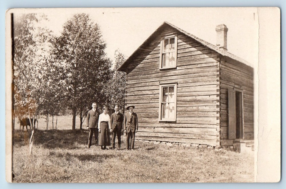 1900s Antique RPPC Postcard Man Woman Field Log Cabin Unposted Vintage Photo