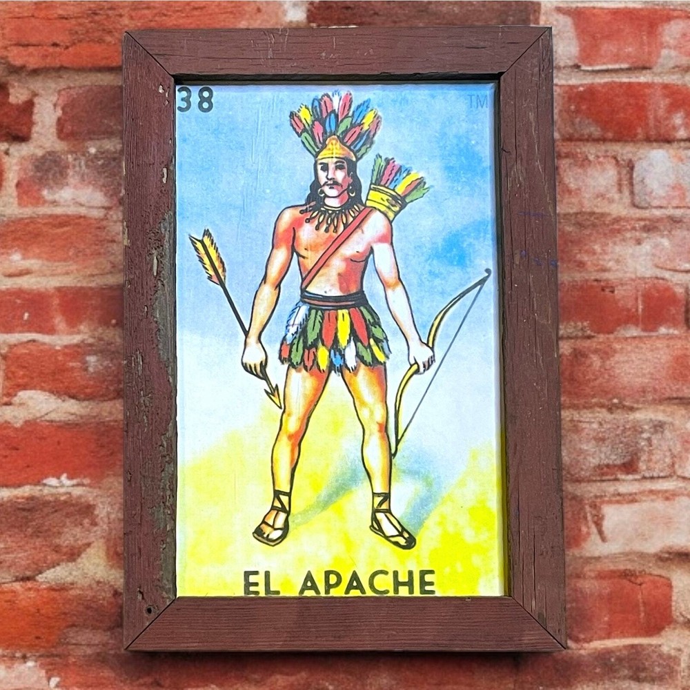 El Apache Loteria Framed Print Rustic Distressed Wood Mexicana Design Wall Art