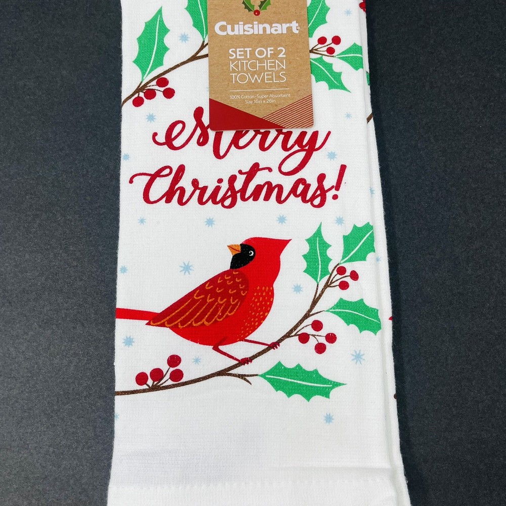 CUISINART 2 Pack Hand Kitchen Towels Merry Christmas Cardinal Mistletoe Snow NEW