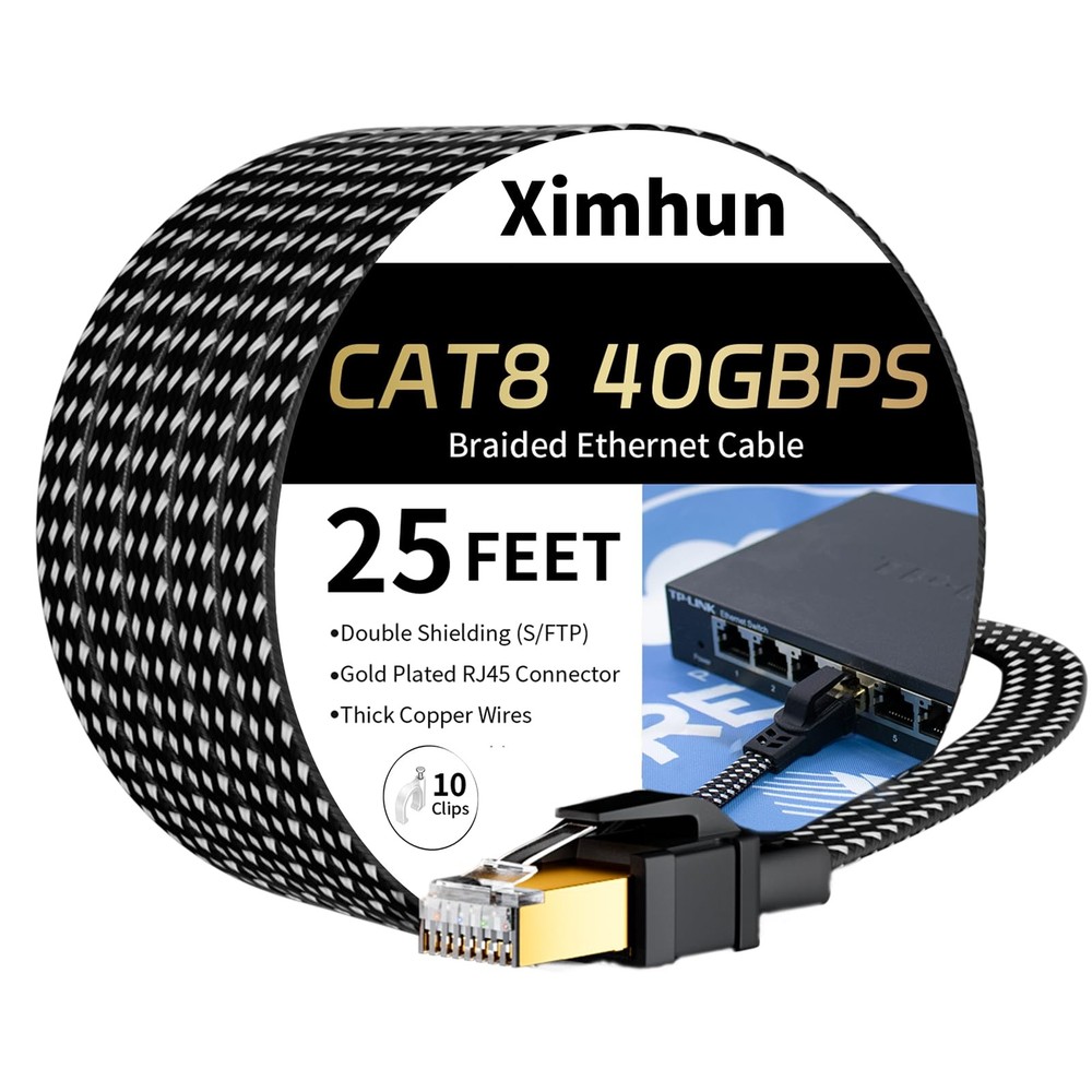 25ft Cat 8 Ethernet Cable - High-Speed Braided Internet Cord with Gold Plated Connectors
