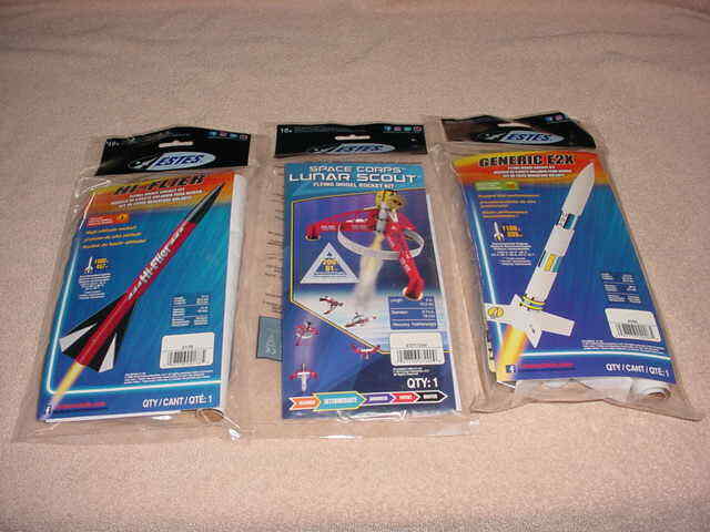 3- ESTES FLYING MODEL ROCKET KITS, HI-FLIER + LUNAR SCOUT + GENERIC E2X  NEW