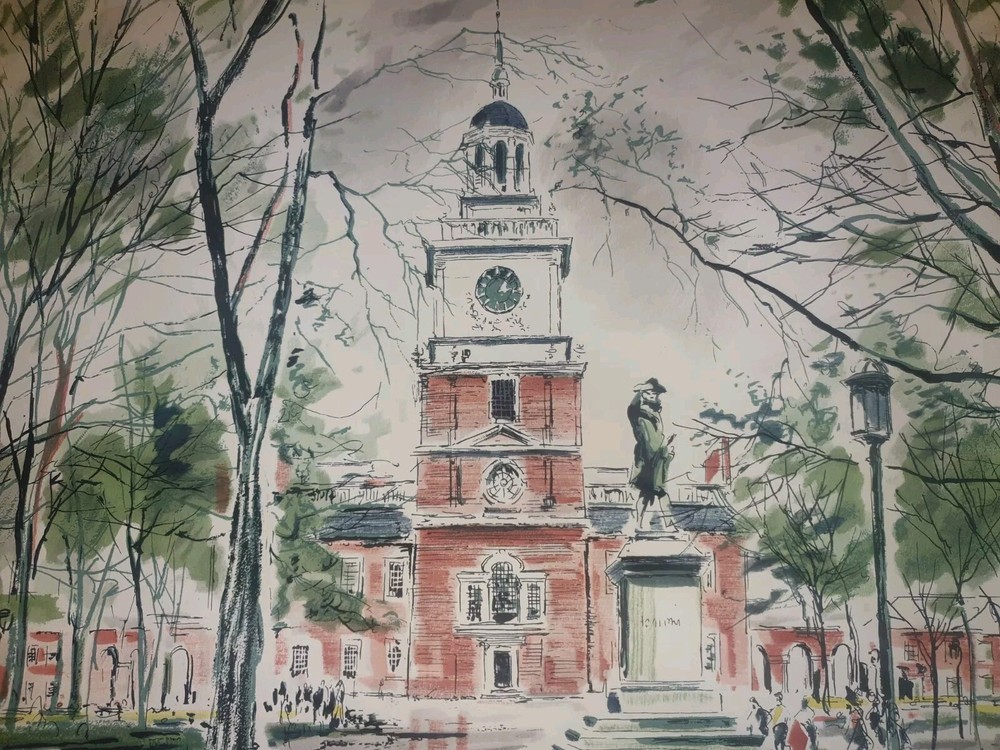 John Haymson Hand-Colored Watercolor Print, Independance Hall Vintage 1950's