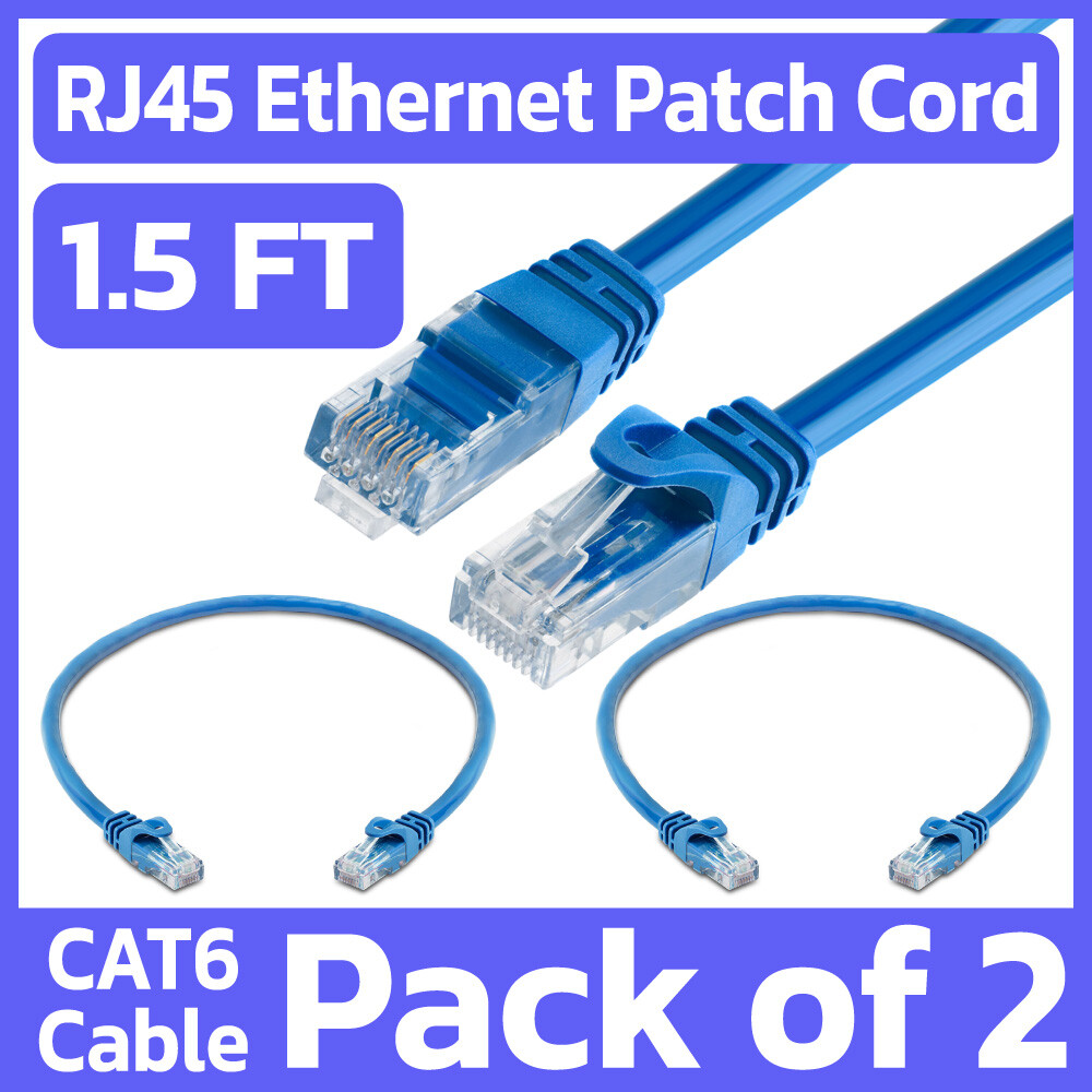 2 Pack 1.5FT Cat6 Patch Cord Blue RJ45 LAN Network Cable Internet Ethernet Cord