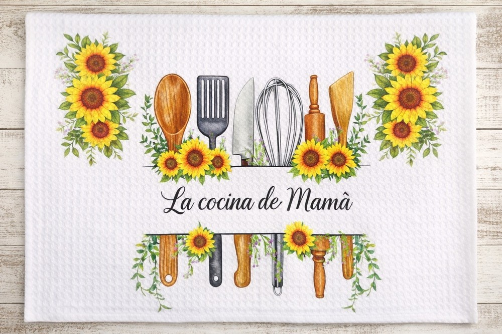 Sunflower Kitchen Cotton Dish Towel White Yellow Green Brown Utensil Design