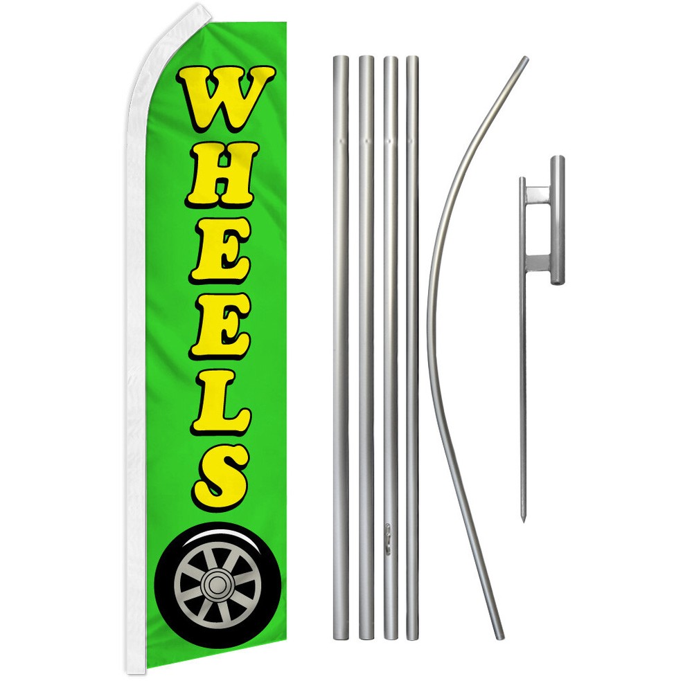 Wheels Advertising Swooper Feather Flutter Flag & Pole Kit Tires Rims GRN