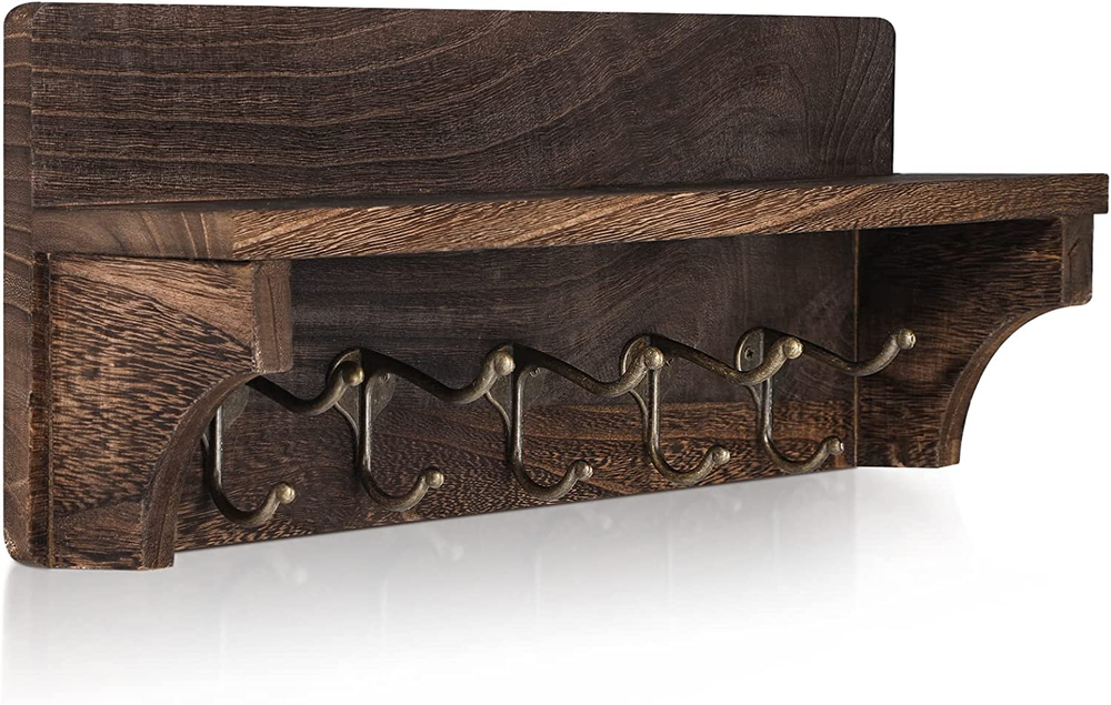 Wood Coat Rack Shelf, 5 Dual Metal Hooks, Rustic Wall-Mounted Storage