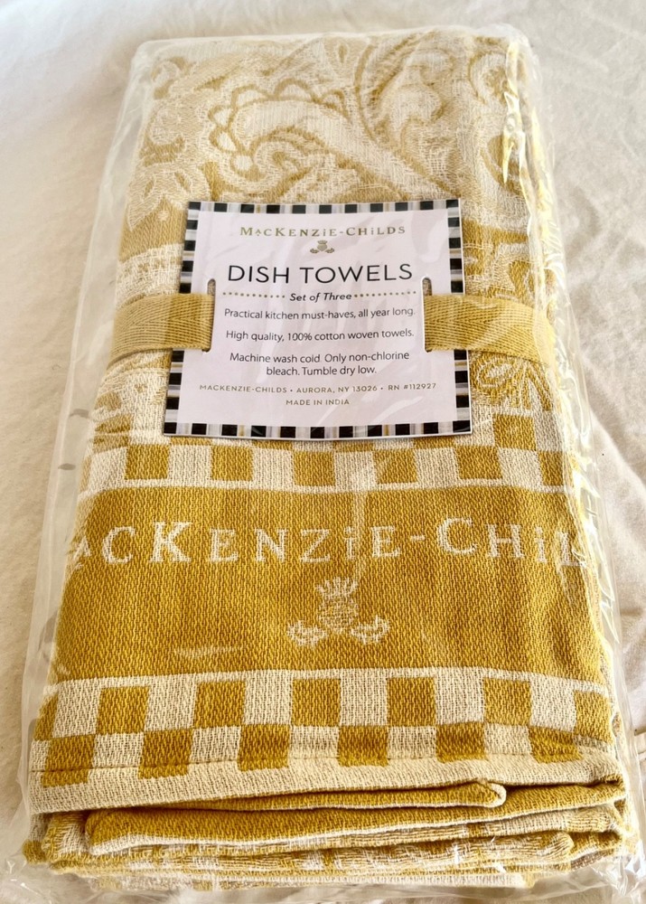 MacKenzie Childs Paisley and Check  Dish Towels *Set of 3* Woven Cotton,  NEW