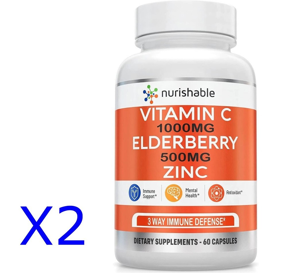 2 x 60 Packs Nurishable Vitamin C, Elderberry & Zinc Immune Support Supplement