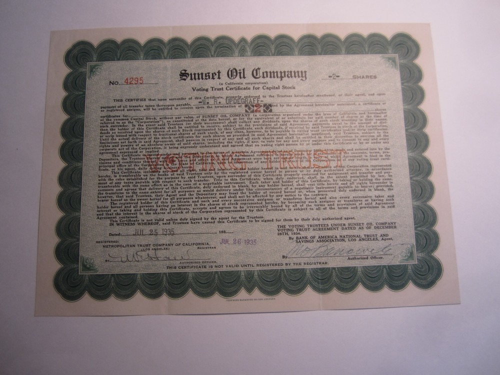 1935 - SUNSET OIL COMPANY - Voting Trust - Stock Certificate - CA.