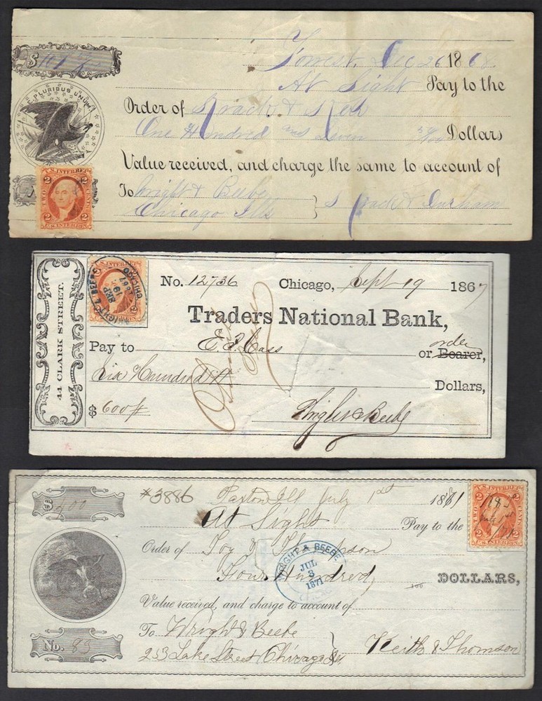 U.S. 1860-70's THREE CHICAGO BANK CHECKS WITH REVENUES DIFFERENT DESIGNS