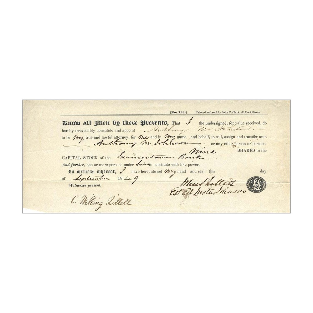 1849 Bank of Germantown Stock Certificate - 9 Shares Transfer Document-image