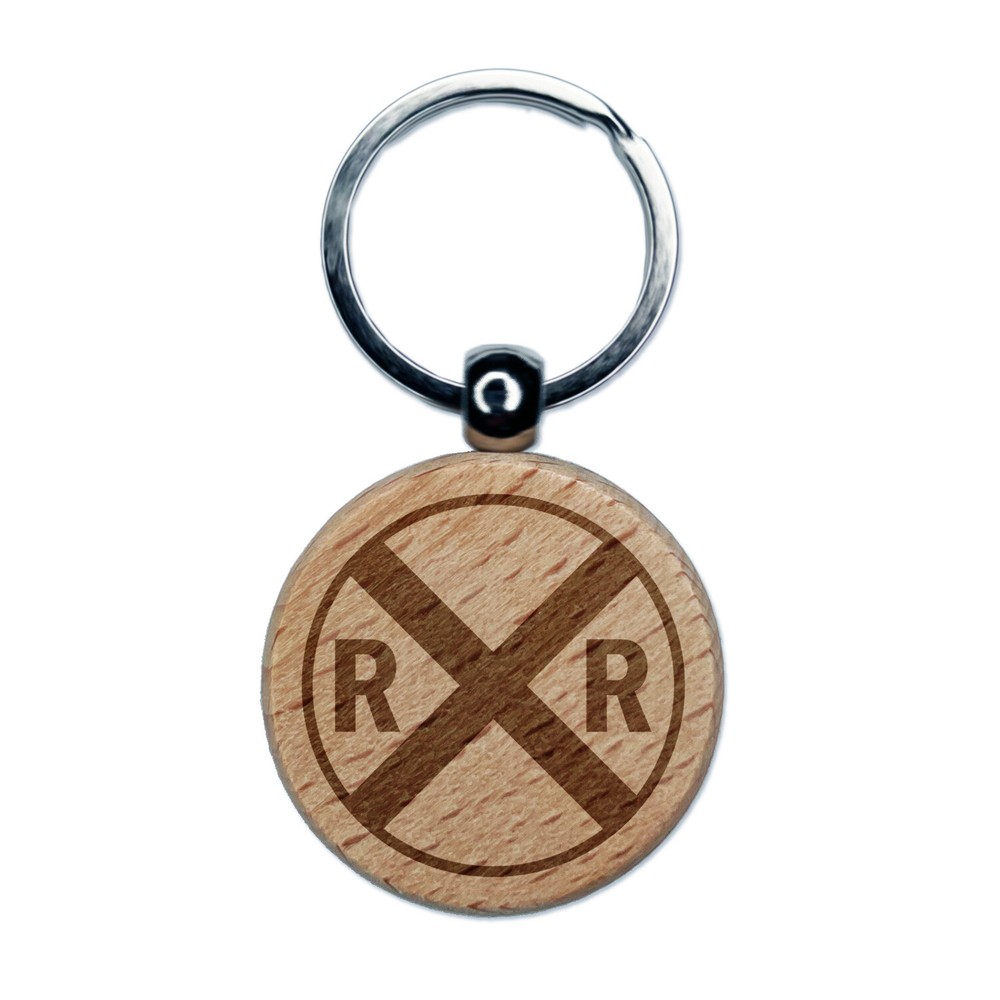 Railroad Crossing Train Engraved Wood Round Keychain Tag Charm