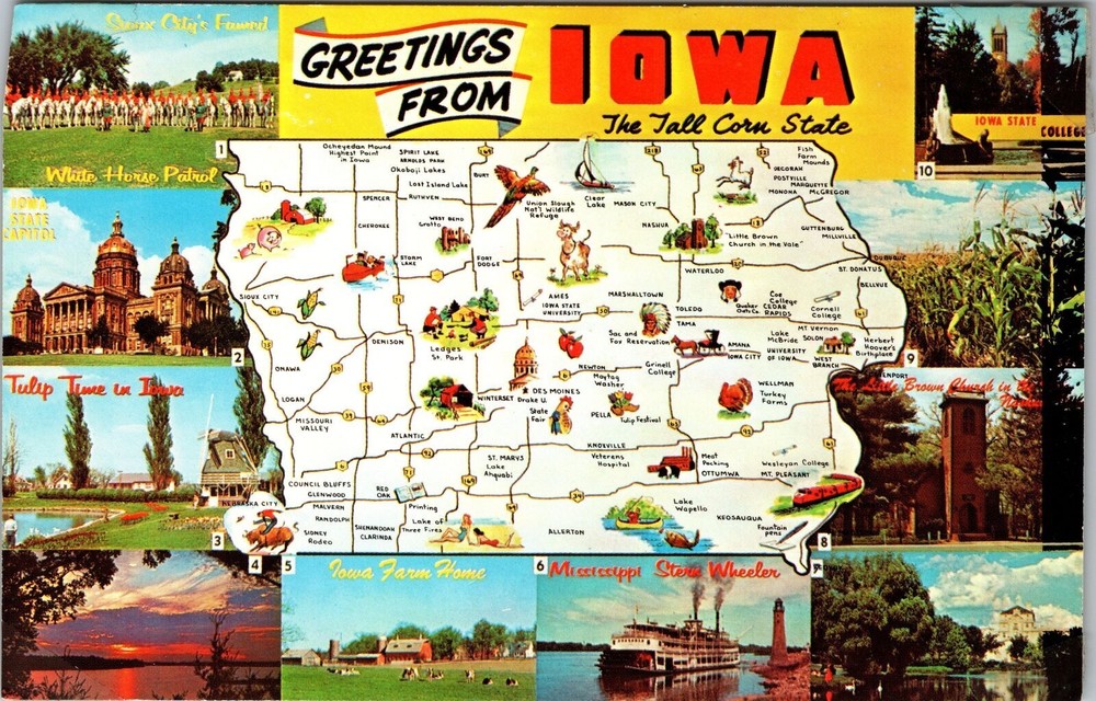 IA-Iowa, Scenic Map Greetings Landmarks, Vintage Postcard