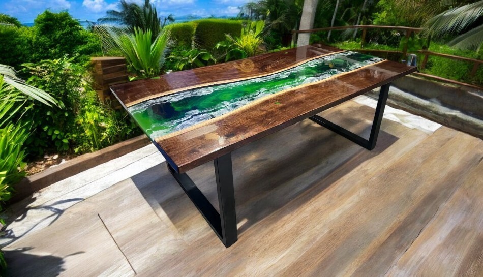 Custom Handmade Live Edge Green Epoxy Resin Dining Table Decor-image