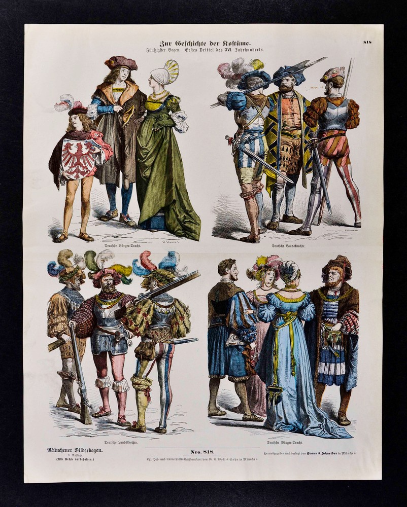 1880 Costume Print 16th c. German Citizens Mercenary Soldiers Muskets Swords