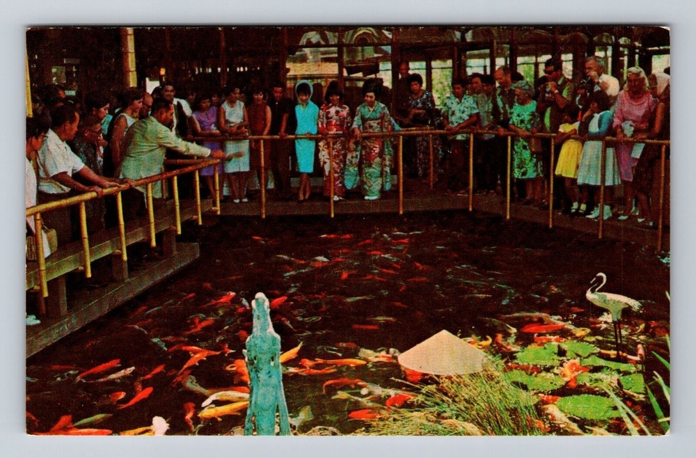 Waikiki HI-Hawaii, Carp Feeding At Pagoda Floating Restaurant, Vintage Postcard