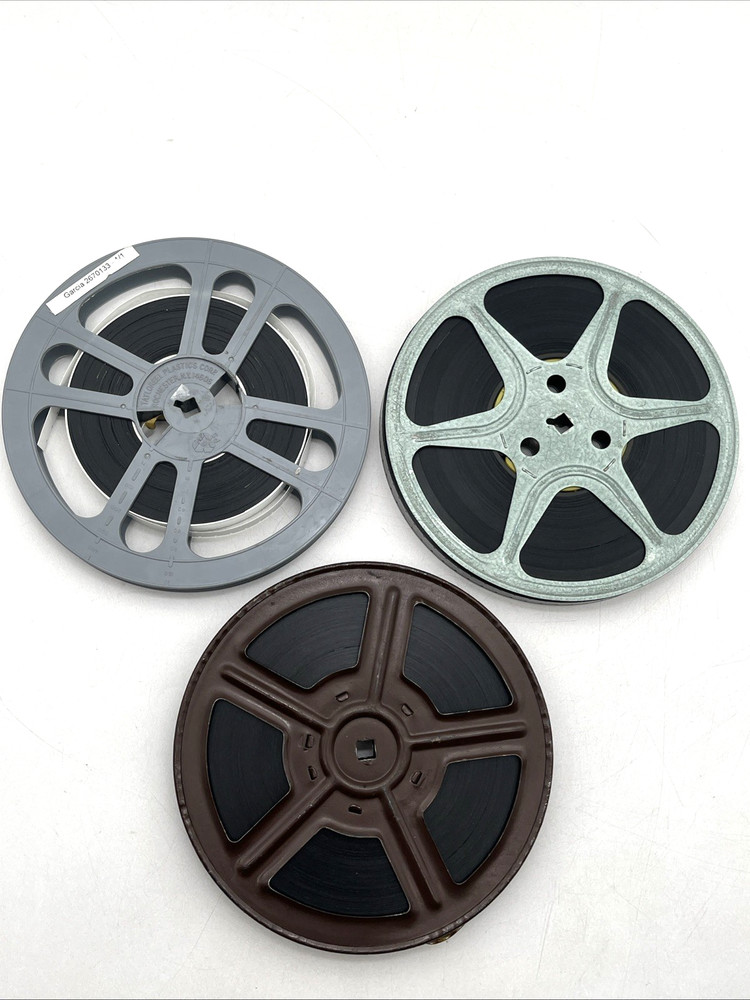 Lot of 3 Vintage Film Reels w/ Film 16mm Style Metal & Plastic – Labeled Reel