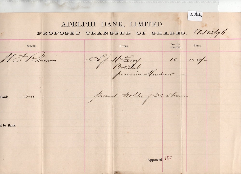 Adelphi Bank - (AB06) proposed  share transfer -  Oct 1896-image