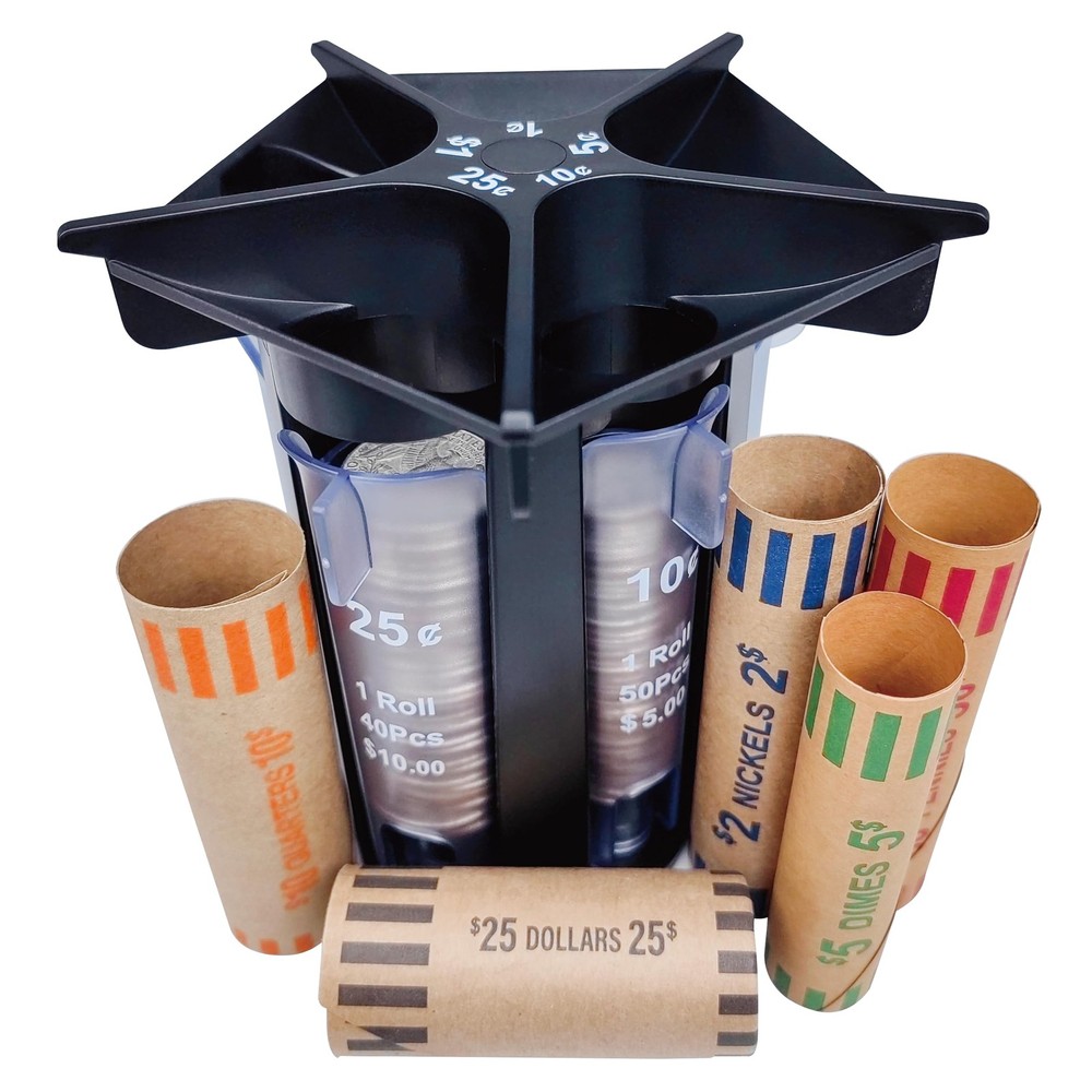 Coin Sorter Tube Coin Counter with Coin Wrappers, 5-in-1 Change Sorter Change...