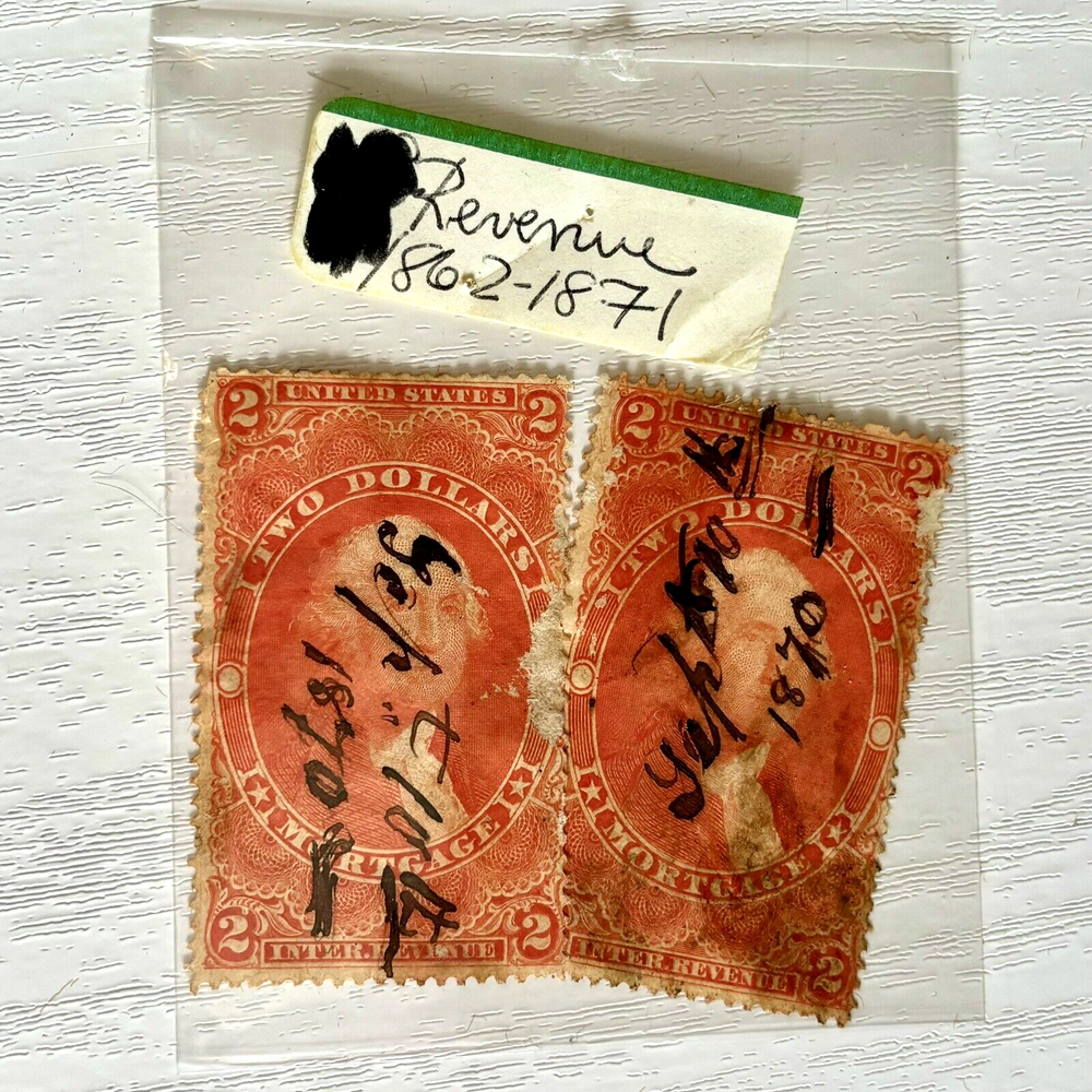 1862-71 $2 US Internal Revenue Stamps Mortgage Fiscal Silk Paper Red Lot of 2