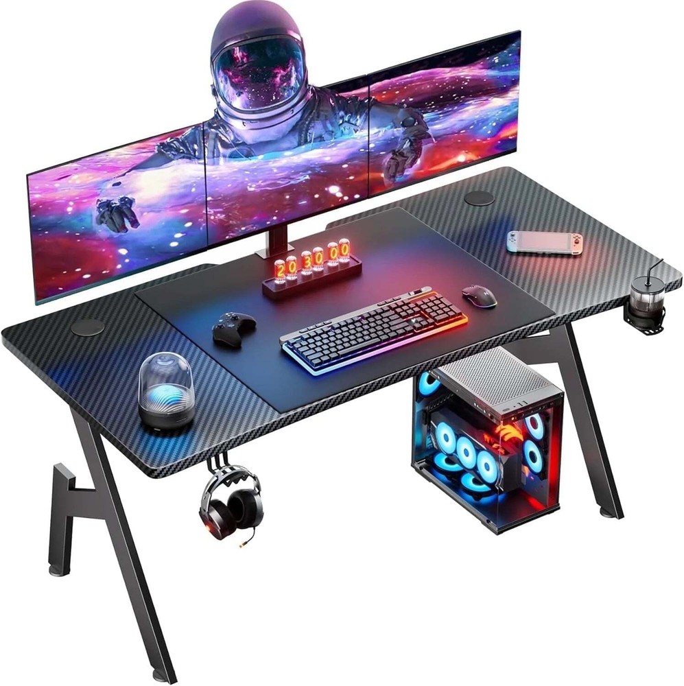 Gaming Carbon Fibre and Ergonomic Rectangular Desk with Headphone Hook,