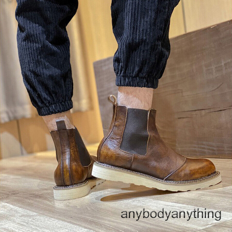 American Style Retro Men's Real Leather Chelsea Ankle Boots Work Shoes Round Toe